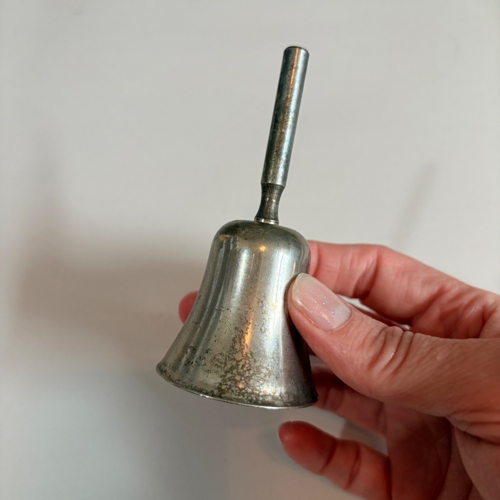 Vintage Silver Tone Metal Hand Bell Small Service Call Bell Antiqued Finish 3.5"